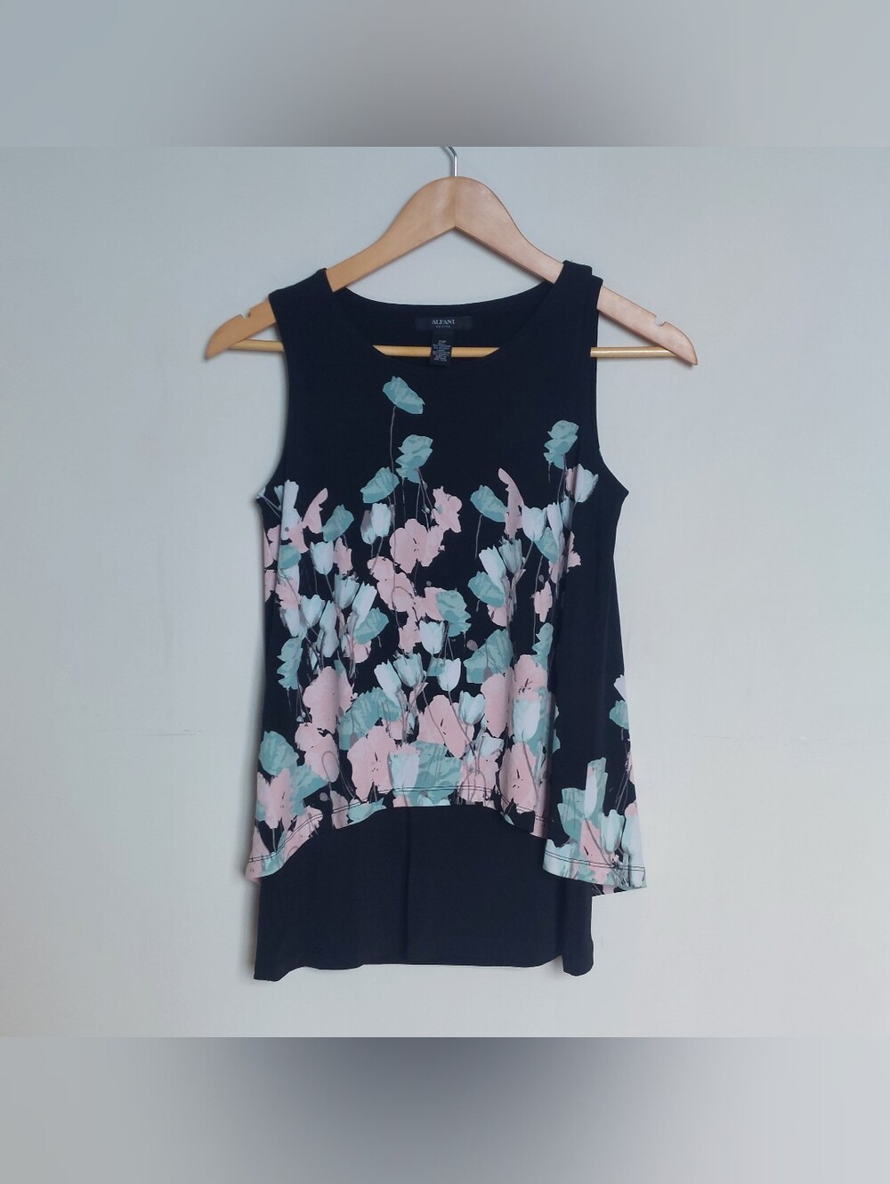 Alfani Black Sleeveless Floral Tank with Pink and Mint Print